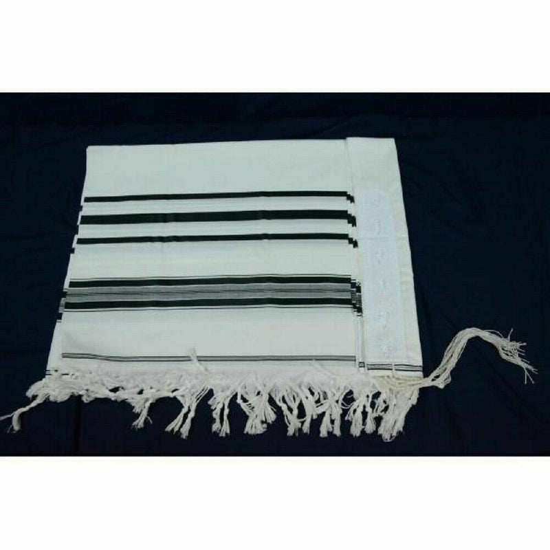 100% lana Kosher mantón de oración Tallit Prima AA a rayas negras y plateadas