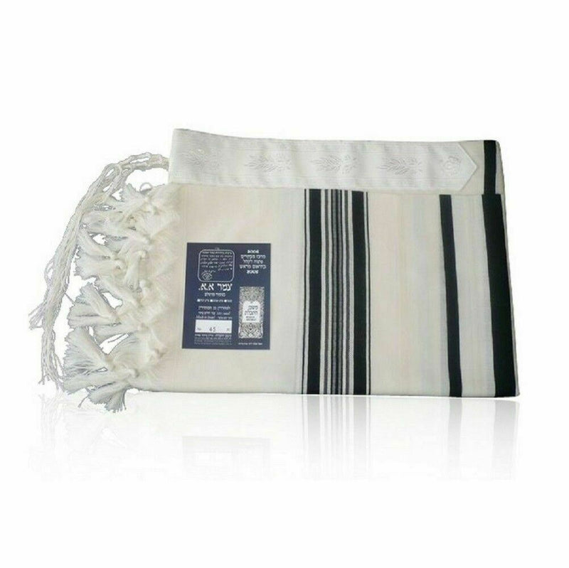 100% Kosher Wool Tallit Prayer Shawl Prima AA Black and Silver Stripes