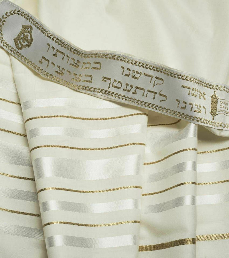 100% Wool Tallit Prayer Shawl in White and Gold Stripes Size 24" L X 72" W