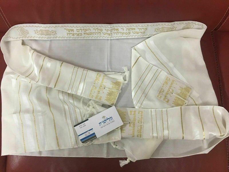 Tallit Prayer Schal aus 100% Wolle mit weißen und goldenen Streifen Größe...