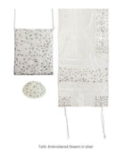 Yair Emanuel Damen Tallit Set - Gestickte Blumen in Silber new