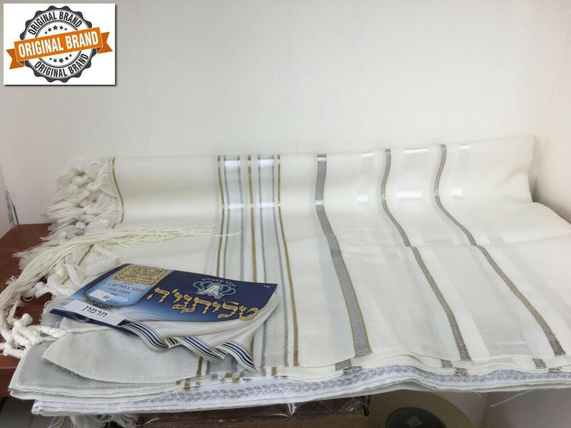 100% Wool Tallit Prayer Shawl in Gold silver Stripes Size 55" L X 75" W