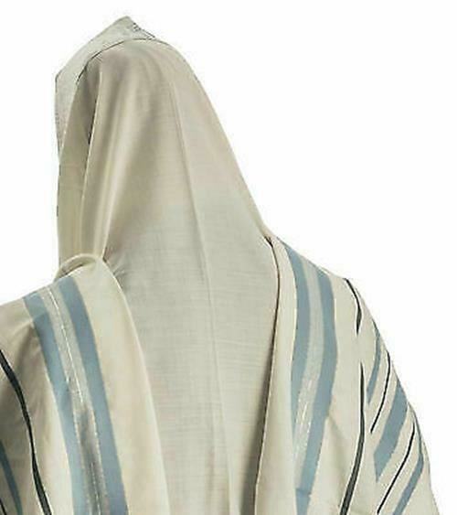 100% Wool Tallit Prayer Shawl in Light blue silver Stripes Size 24" L X 72" W