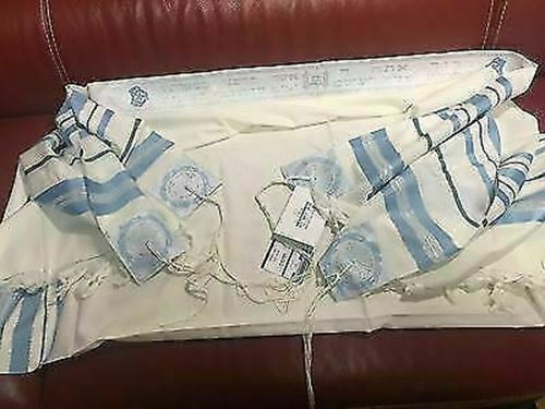 100% Wool Tallit Prayer Shawl in Light blue silver Stripes Size 24" L X 72" W