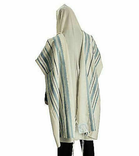 100% Wool Tallit Prayer Shawl in Light blue silver Stripes Size 24" L X 72" W