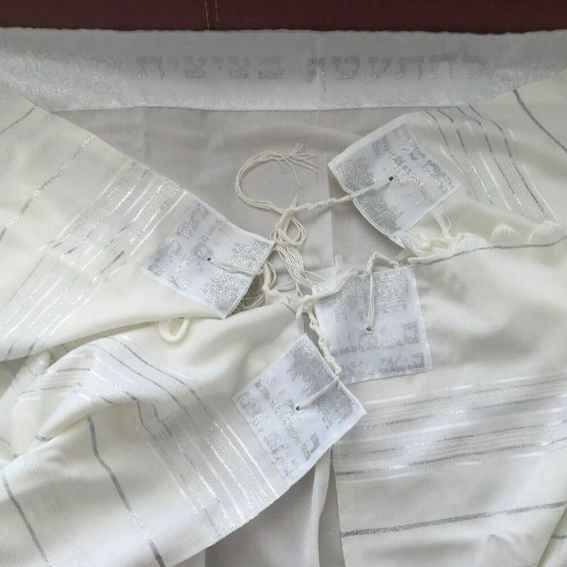 New 100% Wool Tallit Prayer Shawl Golan White Silver Size 55" L X 71"W Talitania