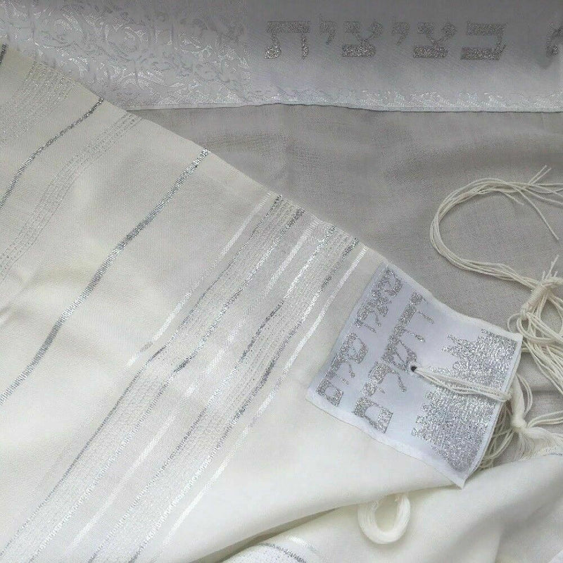 New 100% Wool Tallit Prayer Shawl Golan White Silver Size 55" L X 71"W Talitania