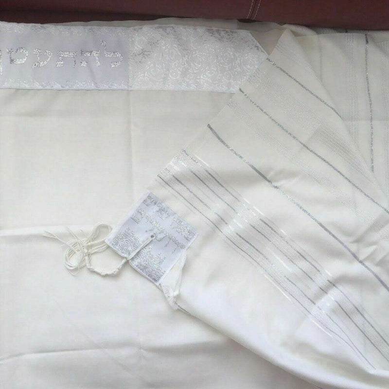 New 100% Wool Tallit Prayer Shawl Golan White Silver Size 55" L X 71"W Talitania