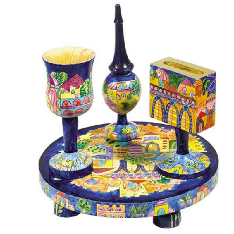 Yair Emanuel Painted Wood Havdalah Set with Oriental Jerusalem Design