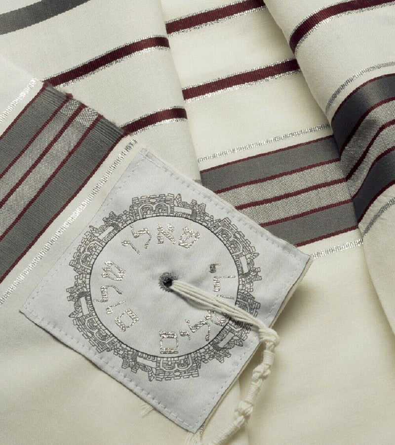 100% Wool Tallit Prayer Shawl in Maroon gray Stripes Size 18" L X 72" W