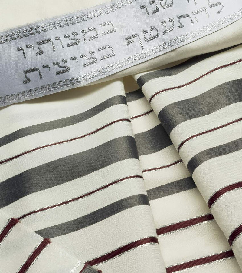 100% Wool Tallit Prayer Shawl in Maroon gray Stripes Size 18" L X 72" W