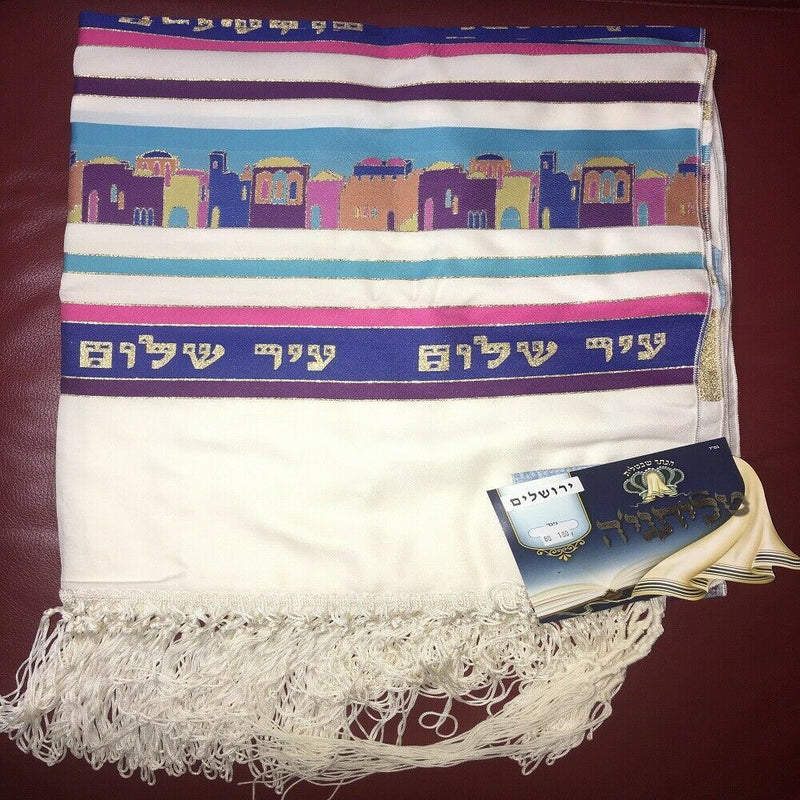 100% Wool Tallit Prayer Shawl Jerusalem Blue Size 60