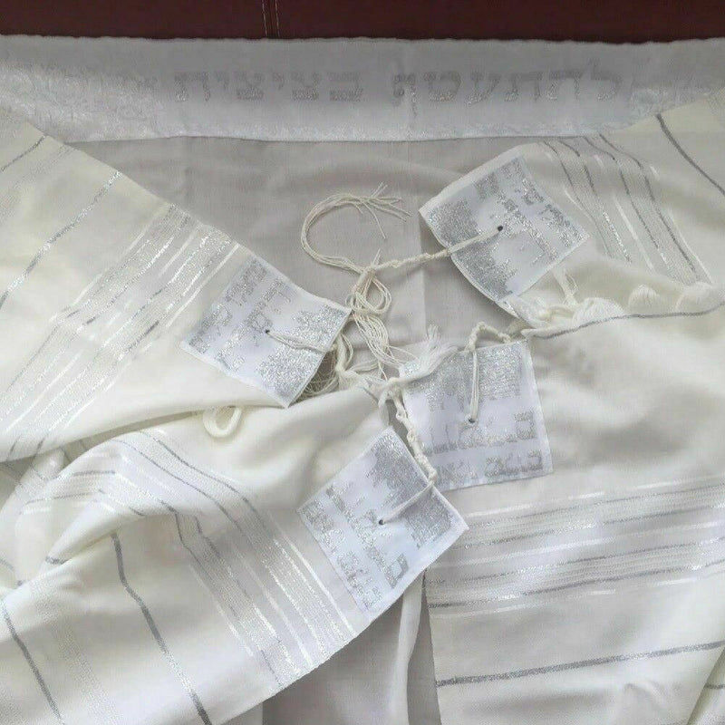 Wool Tallit Prayer Shawl Golan White Silver Size 55" L X 71"W Talitania