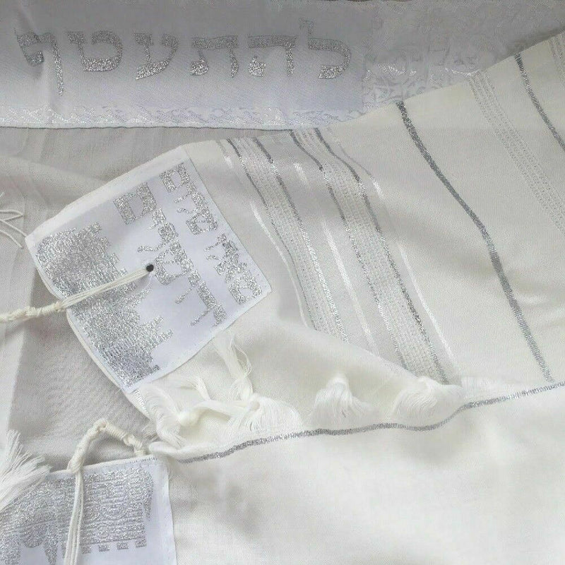 Wool Tallit Prayer Shawl Golan White Silver Size 55" L X 71"W Talitania