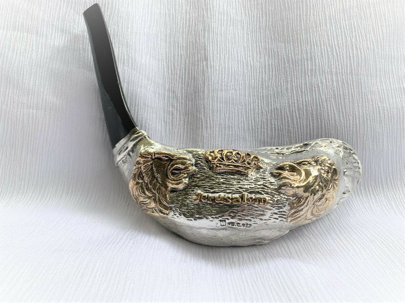 rare Lion of Judah Sterling Silver Ram's Horn Shofar 15"-16" + free Stand