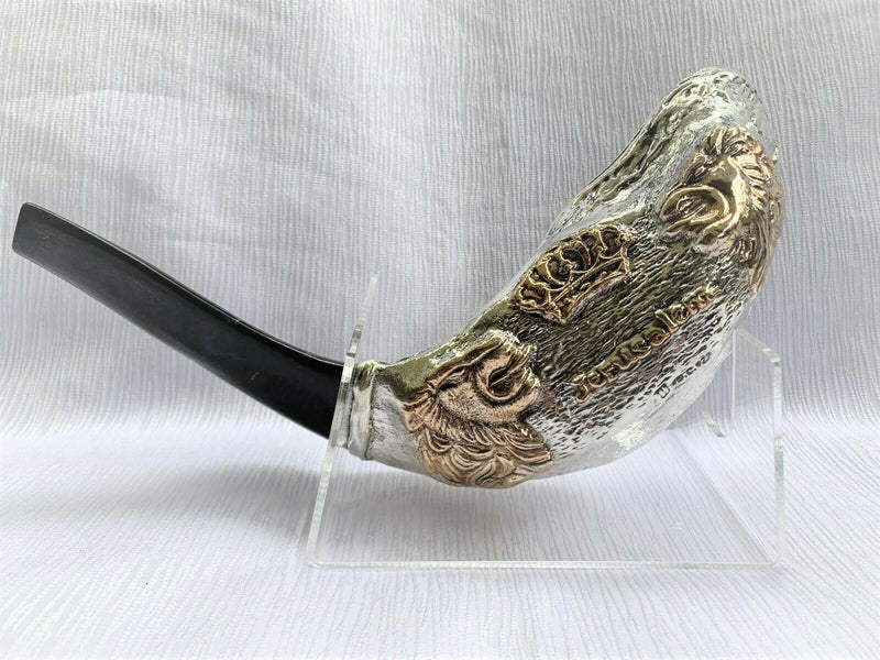 rare Lion of Judah Sterling Silver Ram's Horn Shofar 15"-16" + free Stand