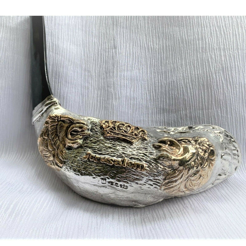 rare Lion of Judah Sterling Silver Ram's Horn Shofar 15"-16" + free Stand