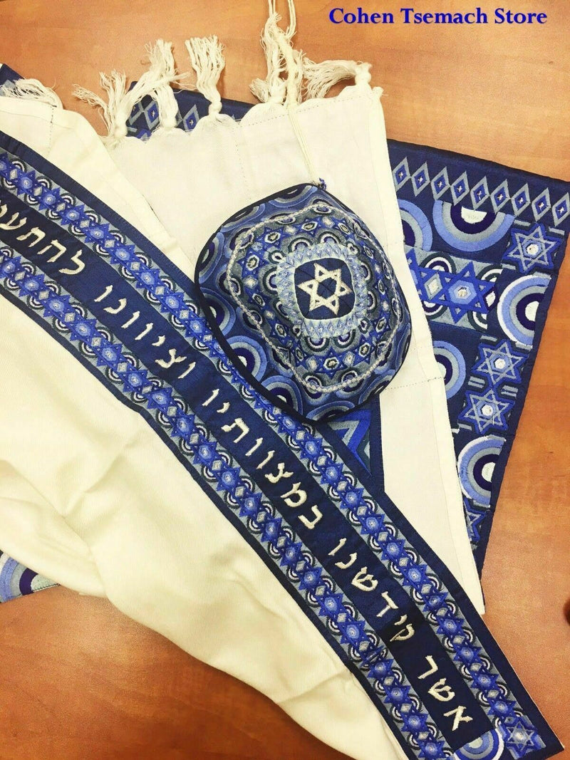 Yair Emanuel Tallit Set Full Embroidery- blue Prayer shawl set