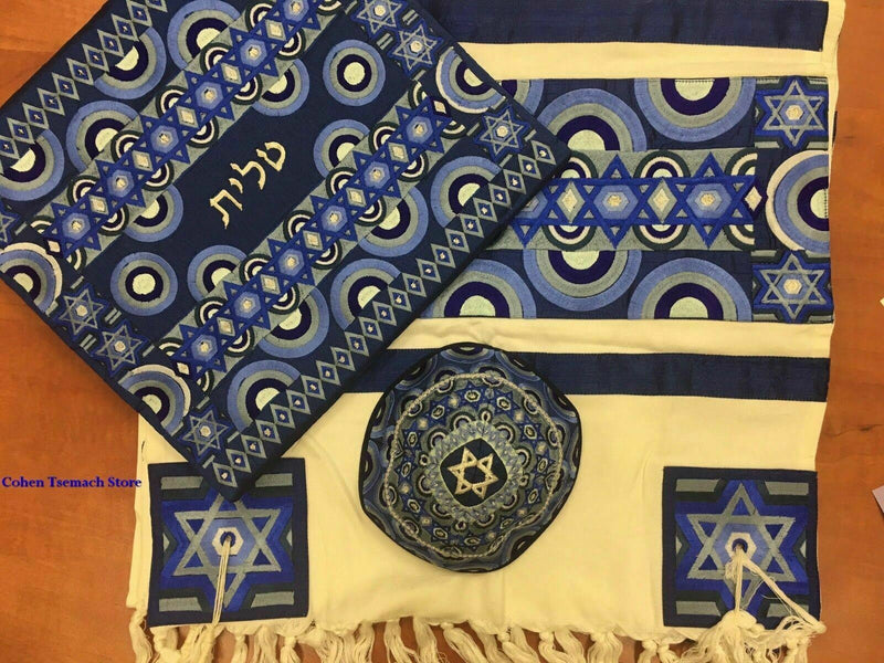 Yair Emanuel Tallit Set Full Embroidery- blue Prayer shawl set