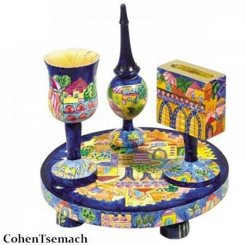 Emanuel Painted Wood Havdalah Set with Oriental Jerusalem Design