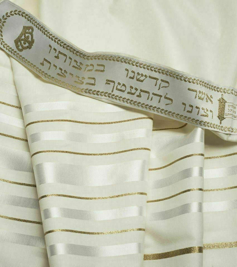 Tallit Prayer Schal aus 100% Wolle mit weißen und goldenen Streifen Größe...