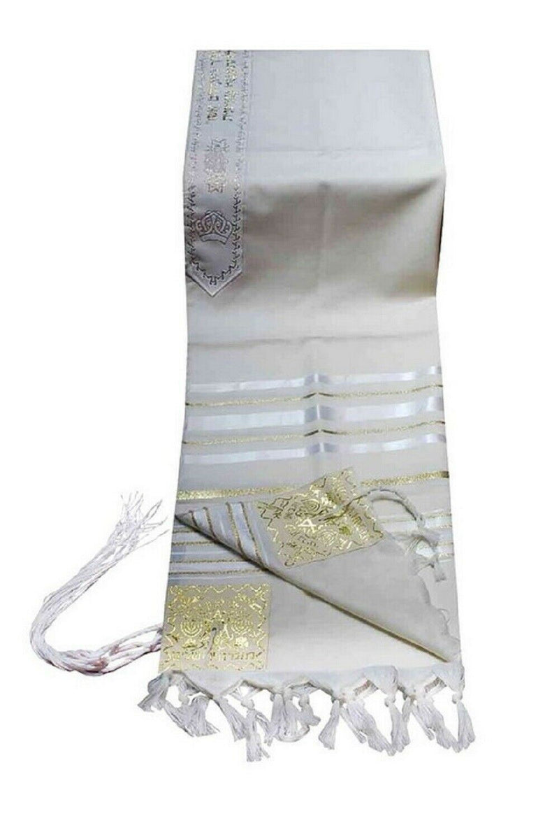 Copy of 100% Wool Tallit Prayer Shawl in White and Gold Stripes Size 80 Techelet-Blue Thread (Tzitzit) Breslev Sefaradi thick