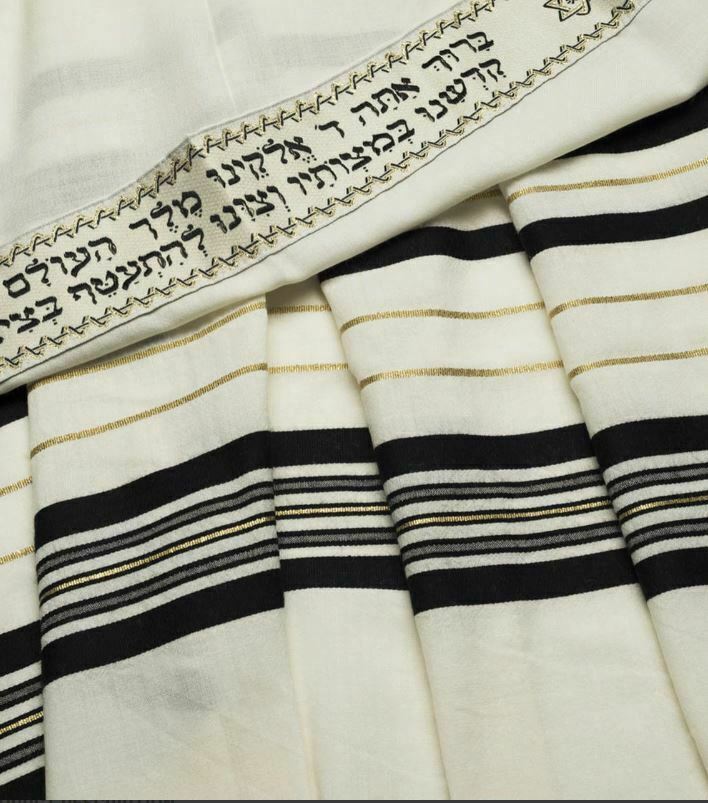 Black & Gold 100% Wool Kosher Tallit Prayer Shawl Made by Talitania Size 50