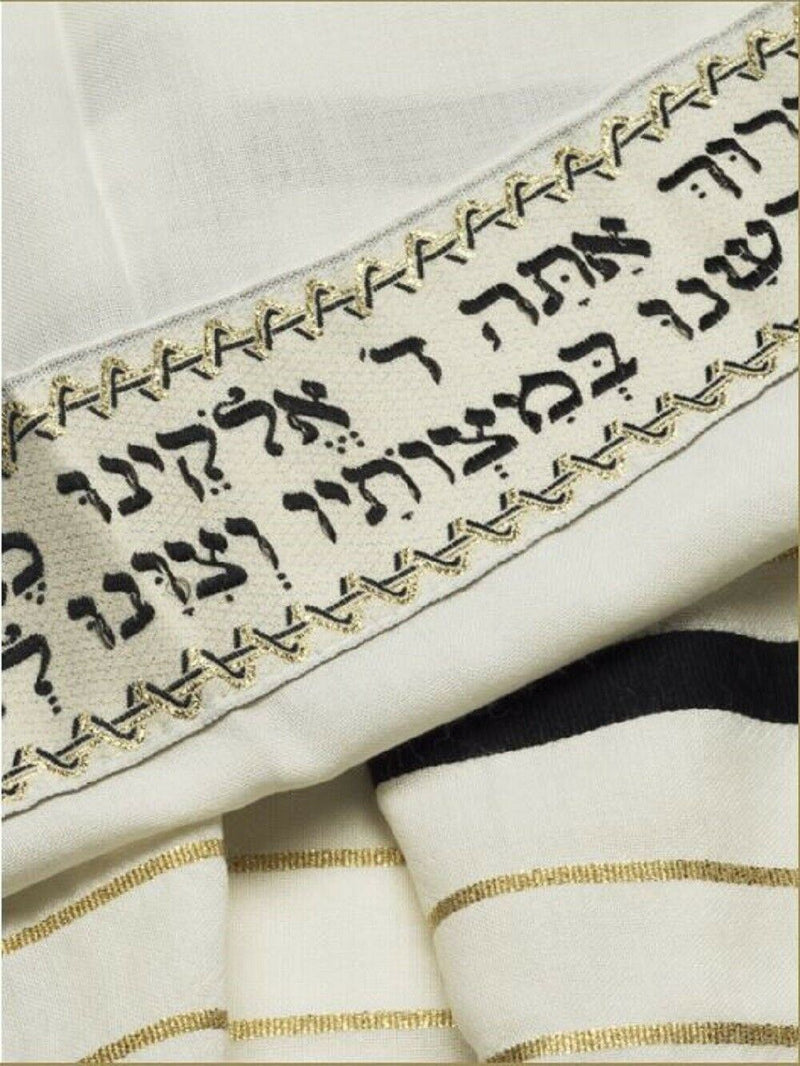 Black & Gold 100% Wool Kosher Tallit Prayer Shawl Made by Talitania Size 50