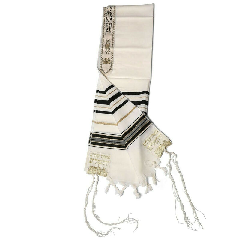 Black & Gold 100% Wool Kosher Tallit Prayer Shawl Made by Talitania Size 50