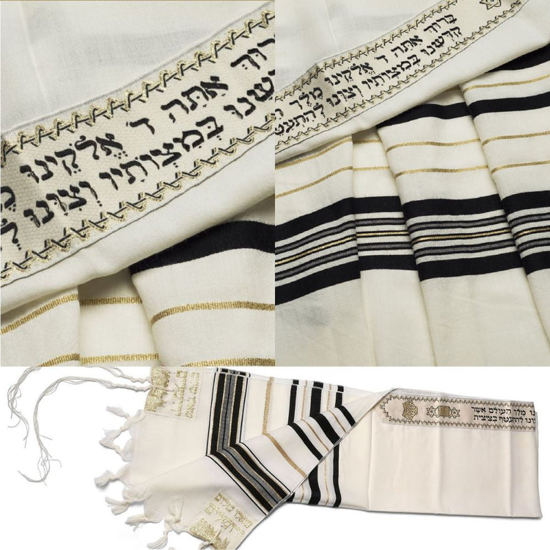 Black & Gold 100% Wool Kosher Tallit Prayer Shawl Made by Talitania Size 50