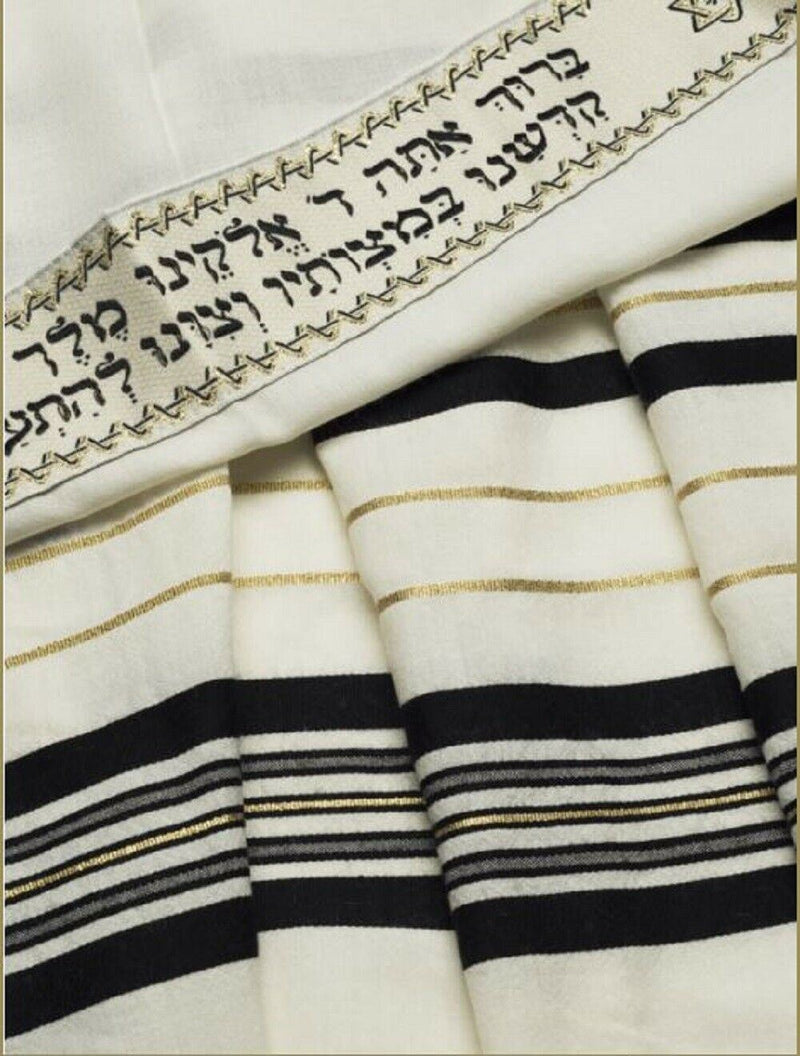 Black & Gold 100% Wool Kosher Tallit Prayer Shawl Made by Talitania Size 50