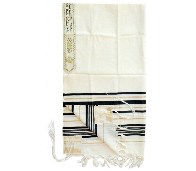 Black & Gold 100% Wool Kosher Tallit Prayer Shawl Made by Talitania Size 50