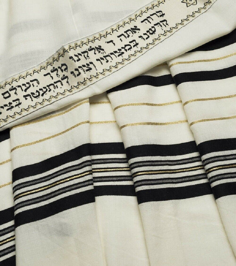 Black & Gold 100% Wool Kosher Tallit Prayer Shawl Made by Talitania Size 60