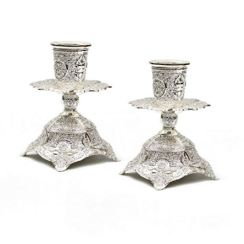 Quality Judaica Silver Plated Shabbat Candlesticks Pair set with filigree Design