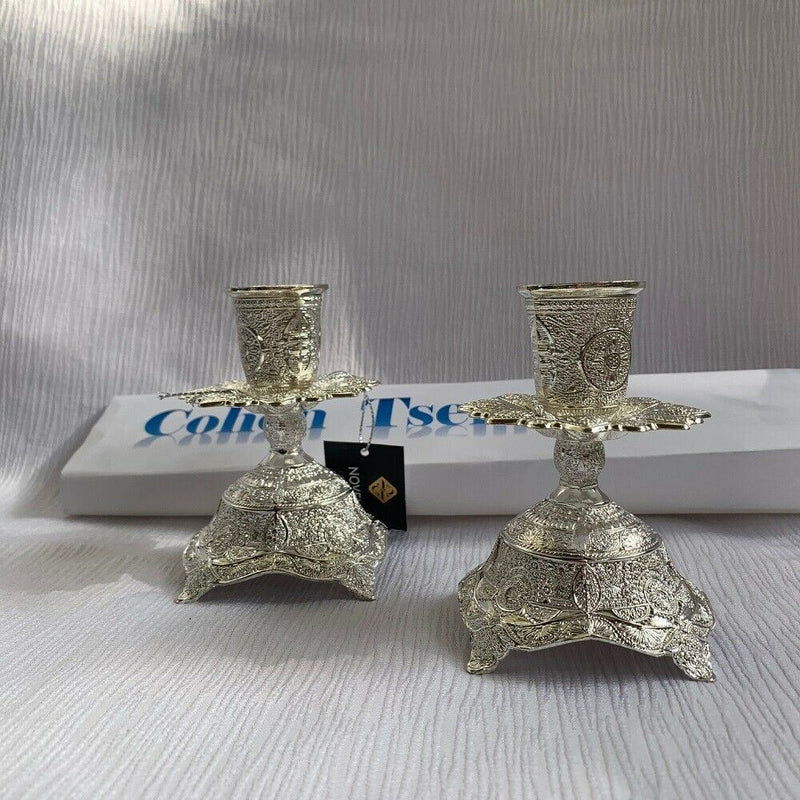 Quality Judaica Silver Plated Shabbat Candlesticks Pair set with filigree Design