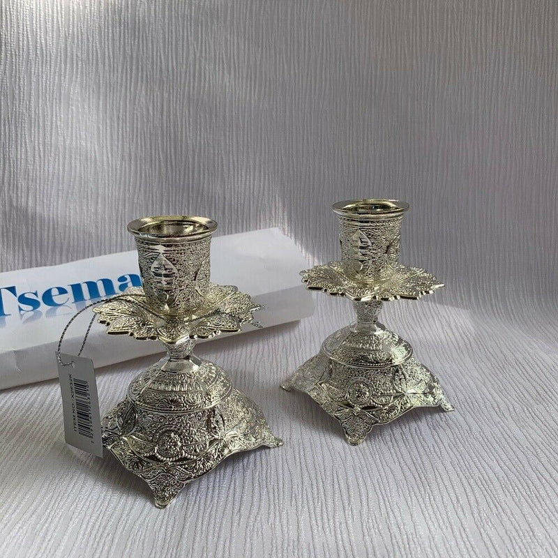 Quality Judaica Silver Plated Shabbat Candlesticks Pair set with filigree Design