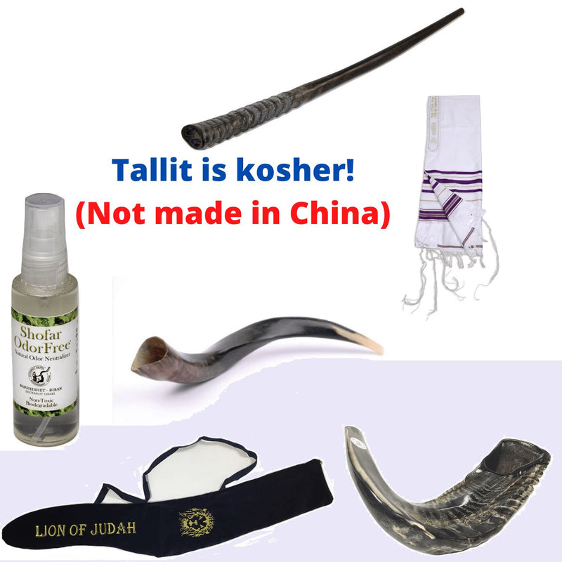 Amaizing Set Shofar Oryx ,Ram Horn,Kudu,Tallit purple Kosher ,Carrying Bag,Spray