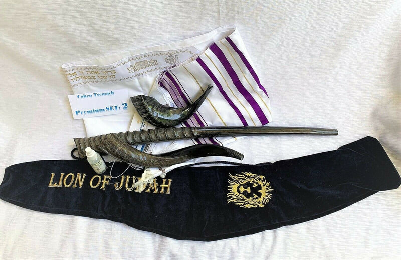 Amaizing Set Shofar Oryx ,Ram Horn,Kudu,Tallit purple Kosher ,Carrying Bag,Spray