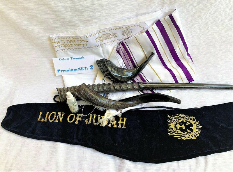 Amaizing Set Shofar Oryx ,Ram Horn,Kudu,Tallit purple Kosher ,Carrying Bag,Spray