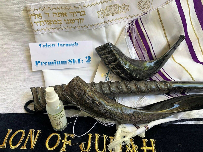 Amaizing Set Shofar Oryx ,Ram Horn,Kudu,Tallit purple Kosher ,Carrying Bag,Spray