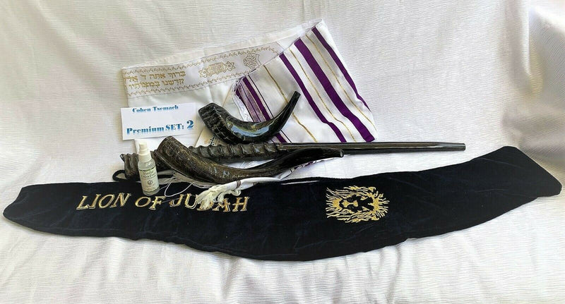 Amaizing Set Shofar Oryx ,Ram Horn,Kudu,Tallit purple Kosher ,Carrying Bag,Spray