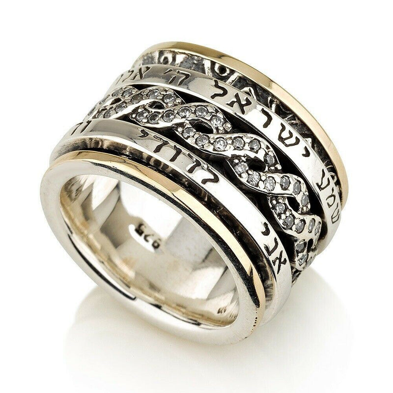 Shema Israel Prayer Thick Spinning Ring Silver 925 With Pure 9K Gold & Zircons