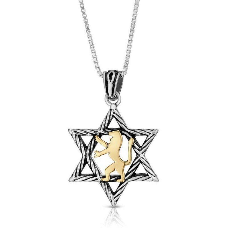 925 Sterling Silver Star of David with 9K Gold Lion of Judah Pendant Choose size