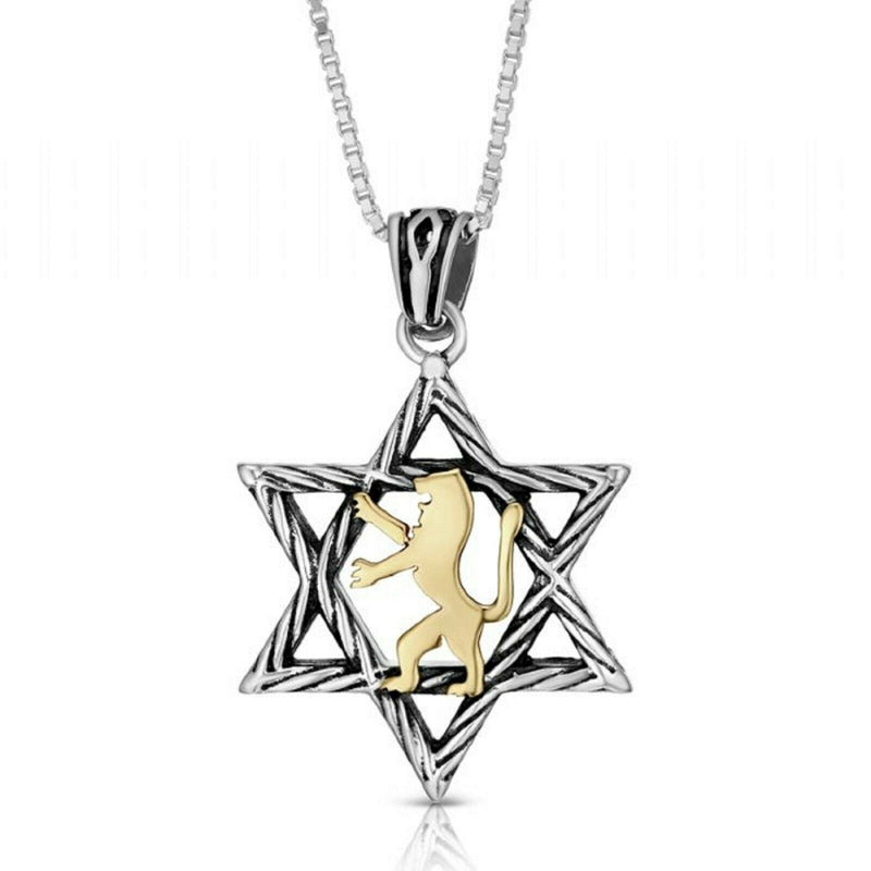 925 Sterling Silver Star of David with 9K Gold Lion of Judah Pendant Choose size