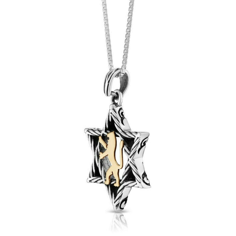 925 Sterling Silver Star of David with 9K Gold Lion of Judah Pendant Choose size
