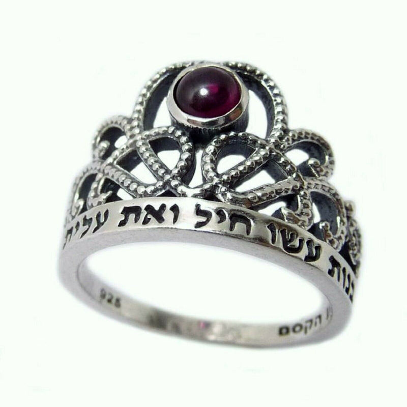 Amaizing Sterling Silver, "Rabot Banot", Crown Ring with Garnet made in israel