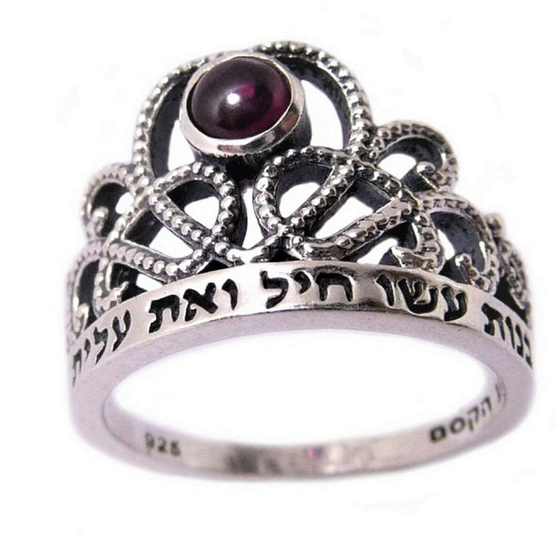 Amaizing Sterling Silver, "Rabot Banot", Crown Ring with Garnet made in israel