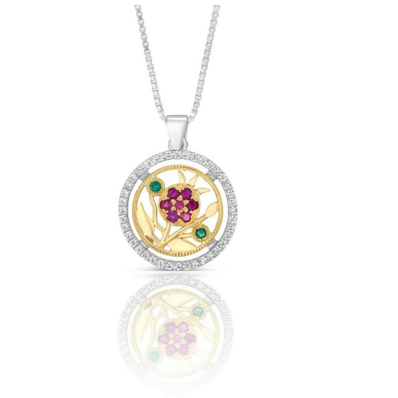 Silver and 9K Gold Pomegranate Necklace with Ruby and Emerald Stones and stons