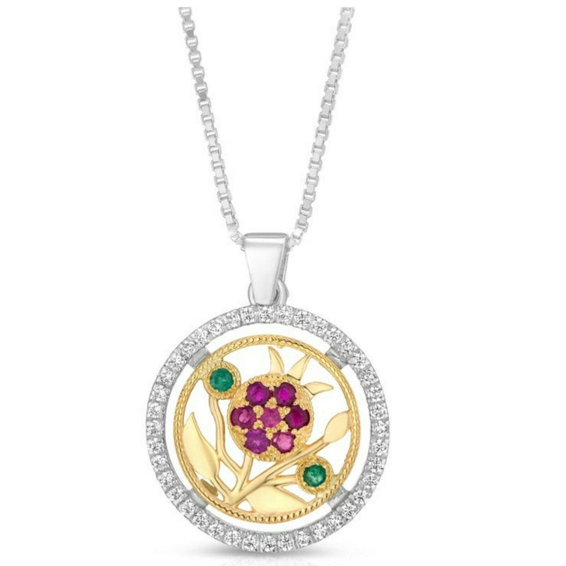 Silver and 9K Gold Pomegranate Necklace with Ruby and Emerald Stones and stons