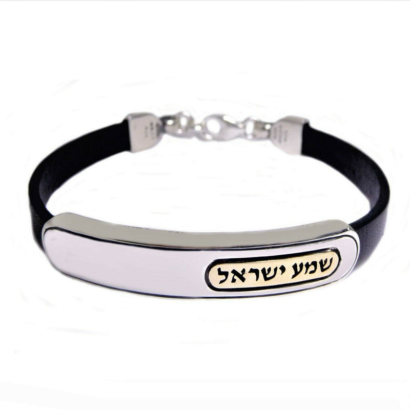 9K Gold, Sterling Silver and Leather Bracelet with Shema israel Inscription